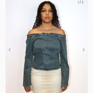 Vintage newport jeanology Y2K denim off-the-shoulder long sleeve top iconic 90s